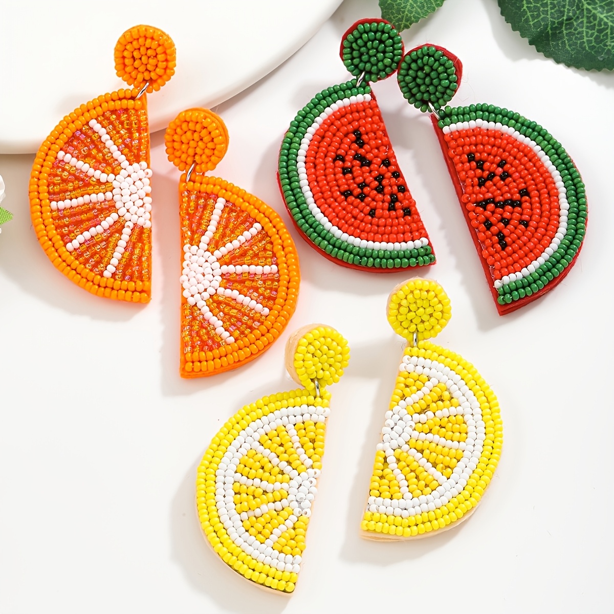 1 pair handcrafted beaded fruit earrings, boho elegant style, stainless steel post, summer lemon &  , women s fashion dangle earrings for daily & vacation wear details 2