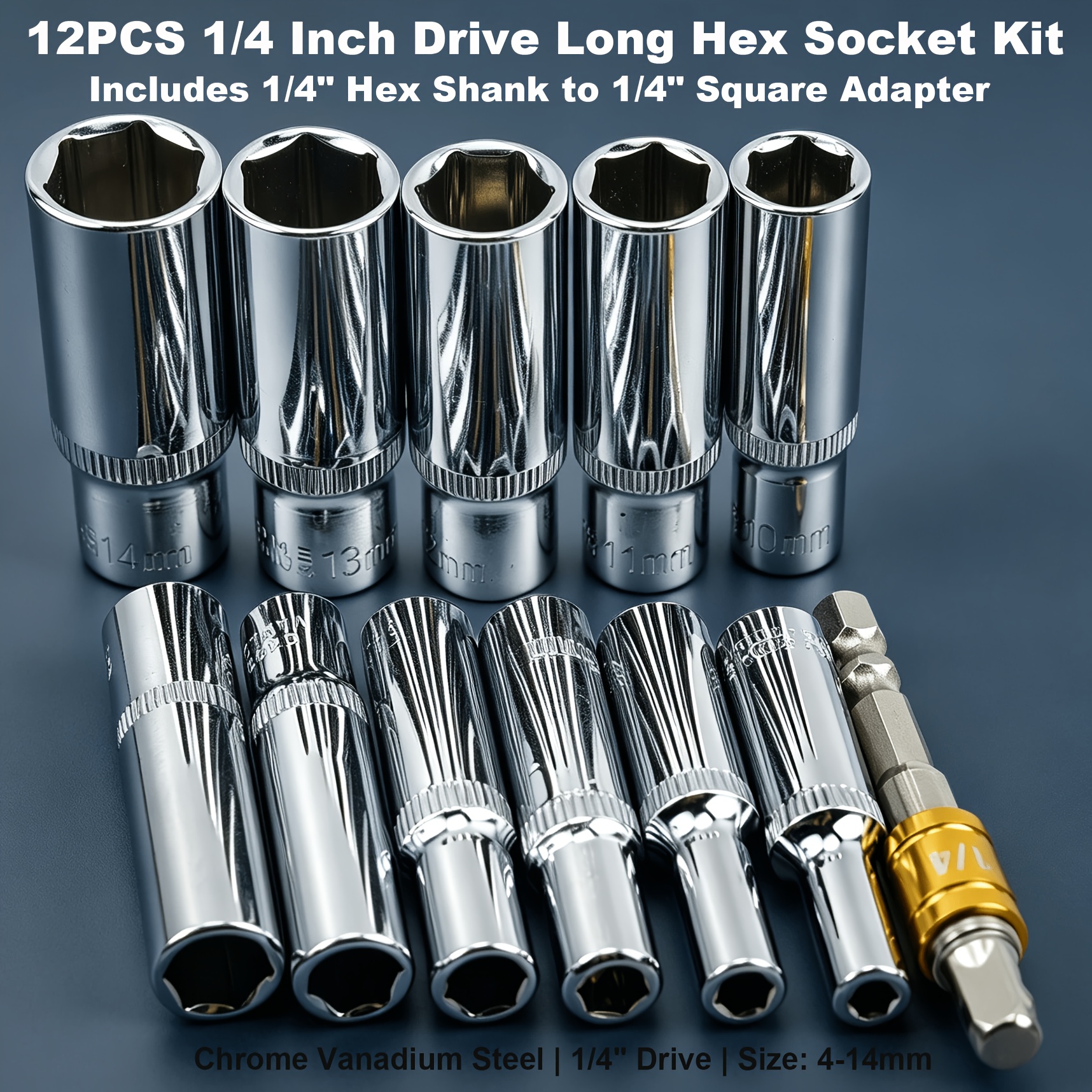 TEMU Set di 12 bussole esagonali lunghe con barra adattatore esagonale da 1/4", attacco da 1/4" in . bussole esagonali profonde metriche da 4-14 mm e