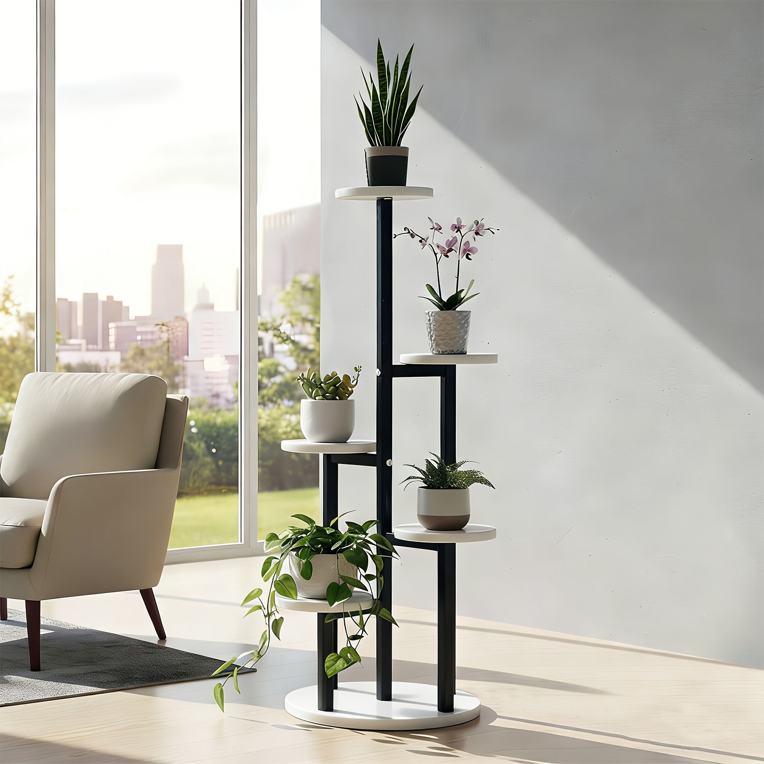 TEMU 1 pièce Support de plantes d'angle à 6 niveaux avec étagère supérieure incurvée - Bois robuste et adapté à une utilisation en