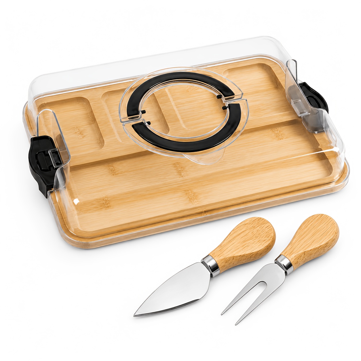 TEMU 3pcs Set: 1 Tray With Transparent Lid + 2 Wooden-handled Cheese Tools - Bamboo Charcuterie Cheese Board - Divided Tray With Handle And Lockable
