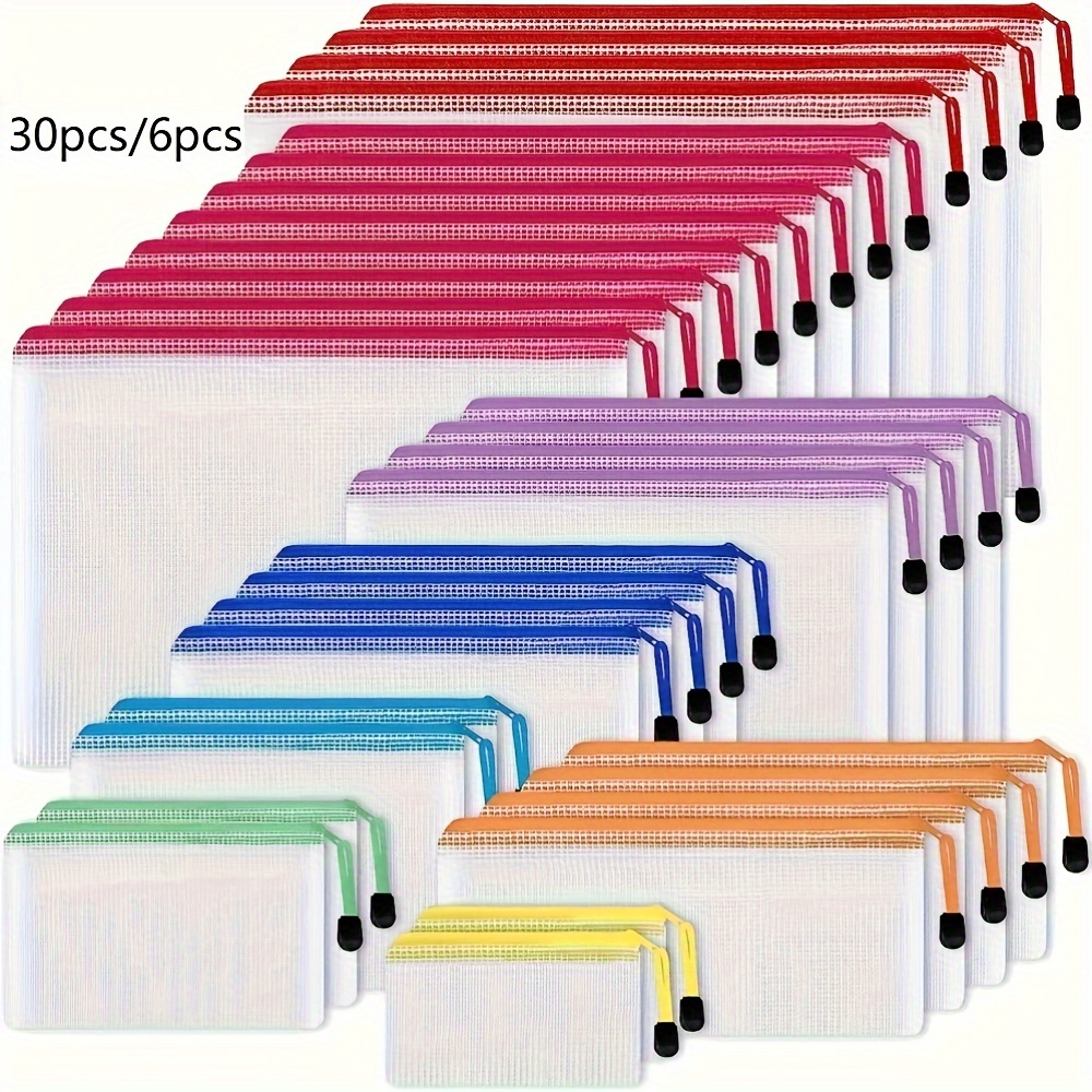 

6pcs Mesh Zipper Bags, Waterproof Zipper Bags, 8 Sizes Of Waterproof Plastic Document Bags, 8 Colors, Multi-purpose Travel Storage, Office Appliances And Home Organization Products