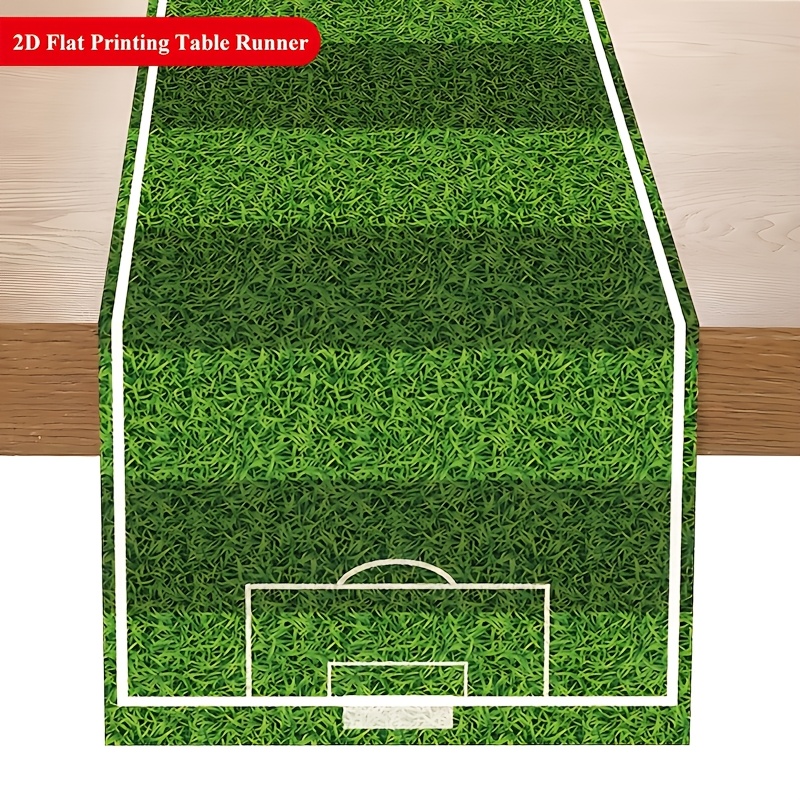 1pc Green Football Field Table Runner - Polyester Material Soccer-themed Party Decor, Suitable For Birthdays, Showers, And Sports Events, Table Decoration, Soccer Party Decor
