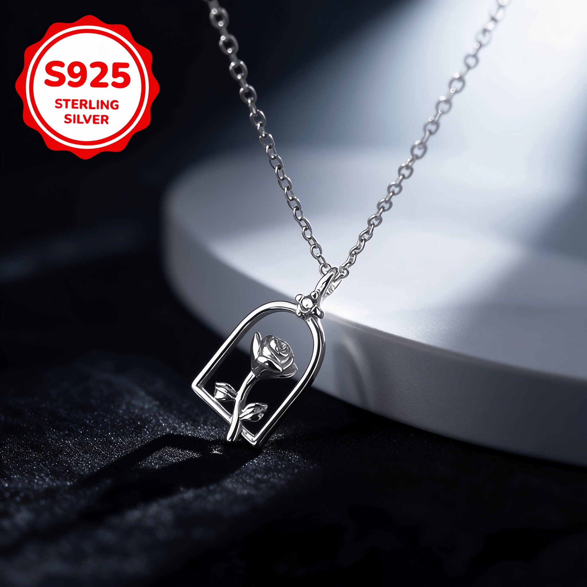 925 Silver Rose Flower Hollow Pendant Necklace