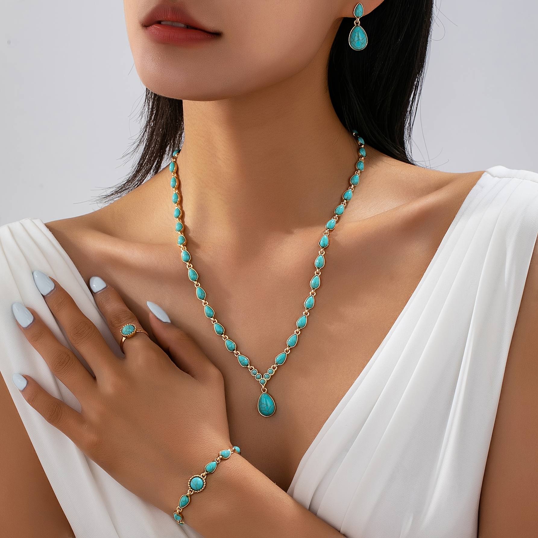 TEMU Conjunto de 4 piezas de collar con colgante geométrico retro bohemio, aretes de botón, anillo y pulsera, moderno y a , ideal para el uso o para