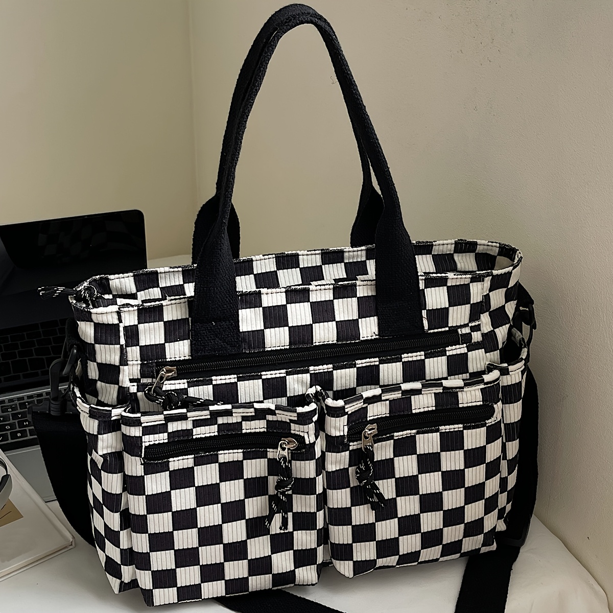 E-shop Corduroy Neue Damen Karo-Druck Schultertasche, Großes Fassungsvermögen Mehrfachtaschen Handtasche, Tägliche Pendler Arbeitstasche, College