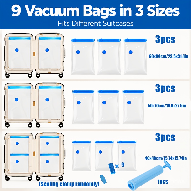 TEMU 19pcs Large Size Travel Clothes Compression Storage Bag Set, Includes 3l+3xl+3xxl Vacuum Bags, With 9 Sealing Clips And 1 Manual Air Pump. Made