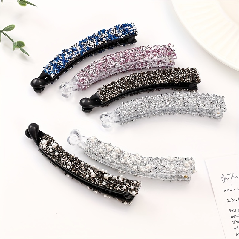 

6pcs/set Bling Bling Rhinestone Faux Pearl Decorative Banana Hair Clips Curved Ponytail Holder For Women And Daily Uses Daily Wear