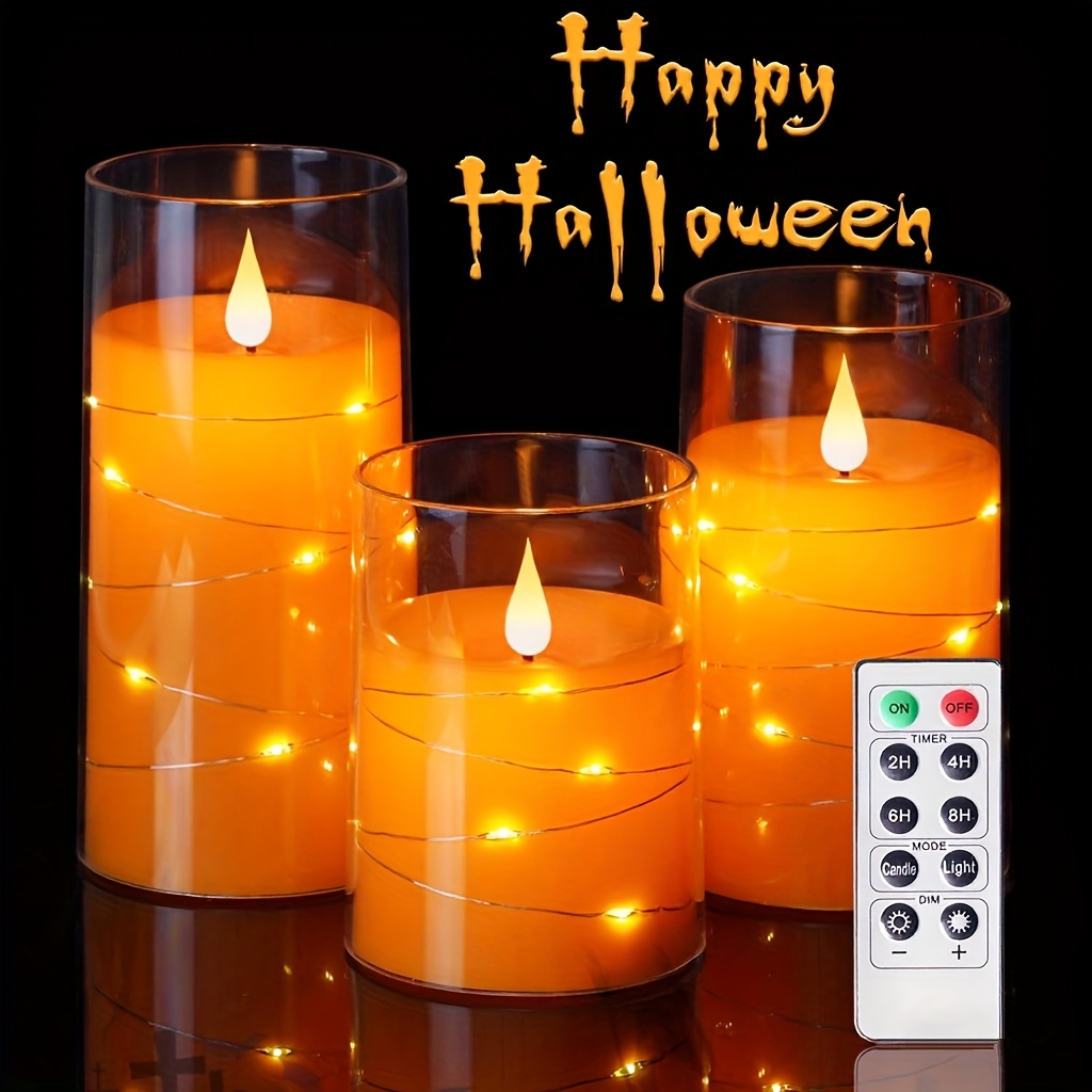 TEMU Flickering Flameless Candles With String Lights, Battery Operated Candles, Embedded String Lights Led Candles, Candles With Remote, Set Of 3
