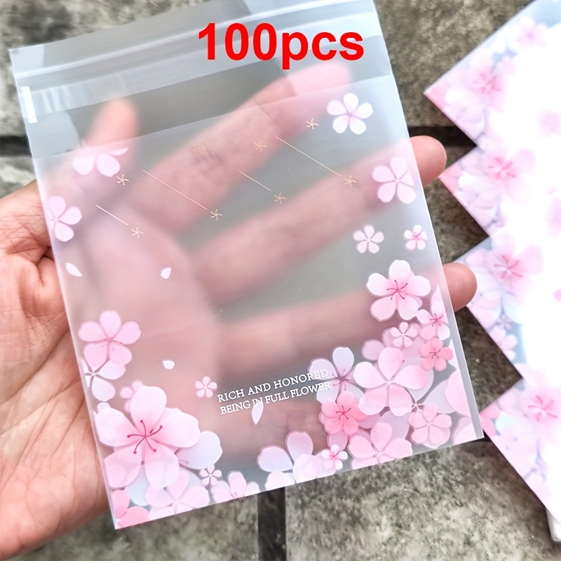Image of 50/100pcs Of Frosted Cherry Pattern Gift Bags, Pink Self-adhesive Packaging Bags - Perfect For Wrapping Gifts For Weddings, Birthdays, And Holidays (10*10+3cm)