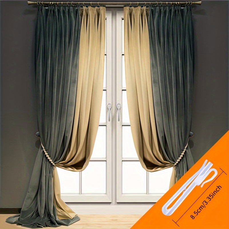 

2pcs Luxurious Solid Color Living Room And Bedroom Curtains, Patchwork Velvet Fabric