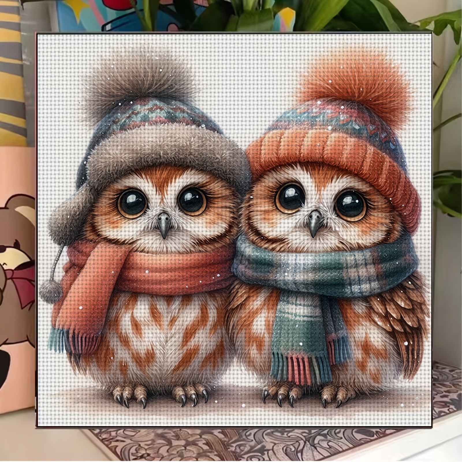 Complete Cross Stitch & Embroidery Kit, Cute Two Owls with Scarves