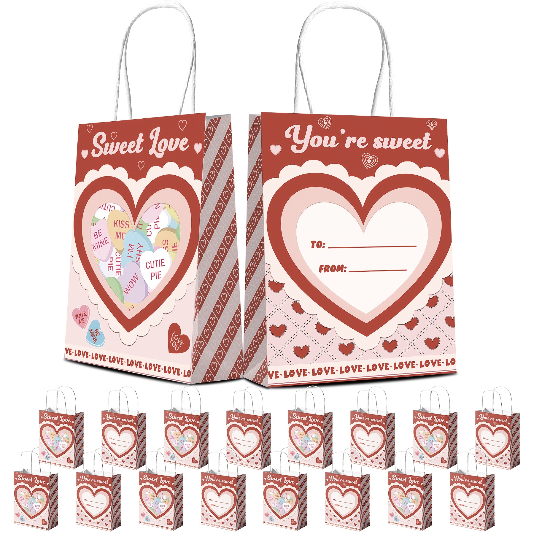 

16pcs Romantic Heart Gift Bags With Handles, Name Space, Themed Paper Bags For Valentine's Day, Wedding, Birthday, Anniversary Celebrations, Candy Treat Bags