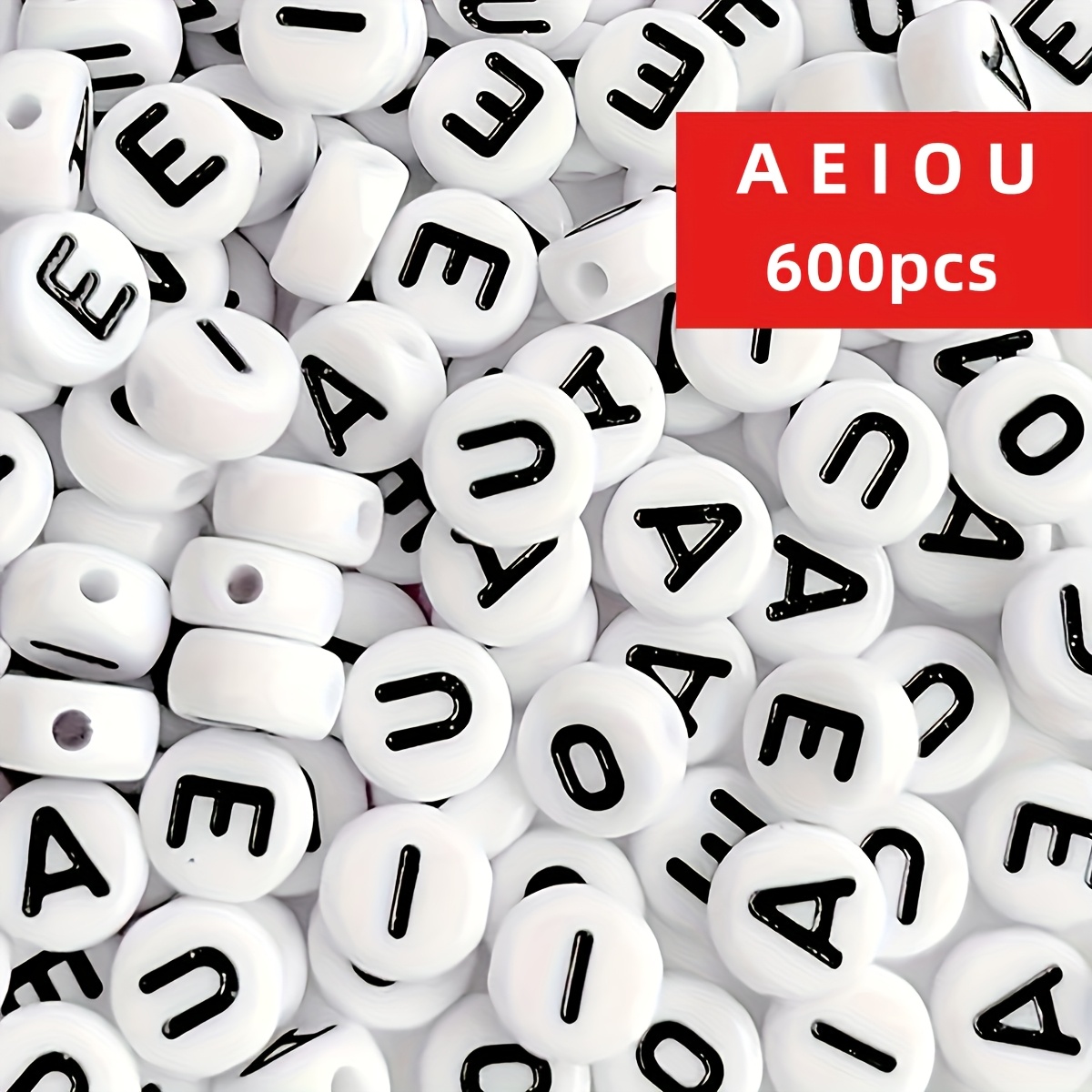 600/300pcs 7mm 5 Vowel Mix A,e,i,o,u Acrylic Beads With White Background And Black Letters Used To Make Bracelets, Necklaces, Phone Chains, And