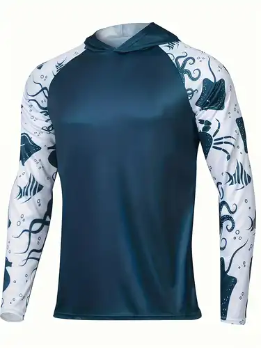 Men's Raglan Sleeve with Fish Pattern Hoodie, Anti-UV Sunscreen Sun Protection Fishing Shirt Breathable Quick Dry Hooded Fishing Jersey for
