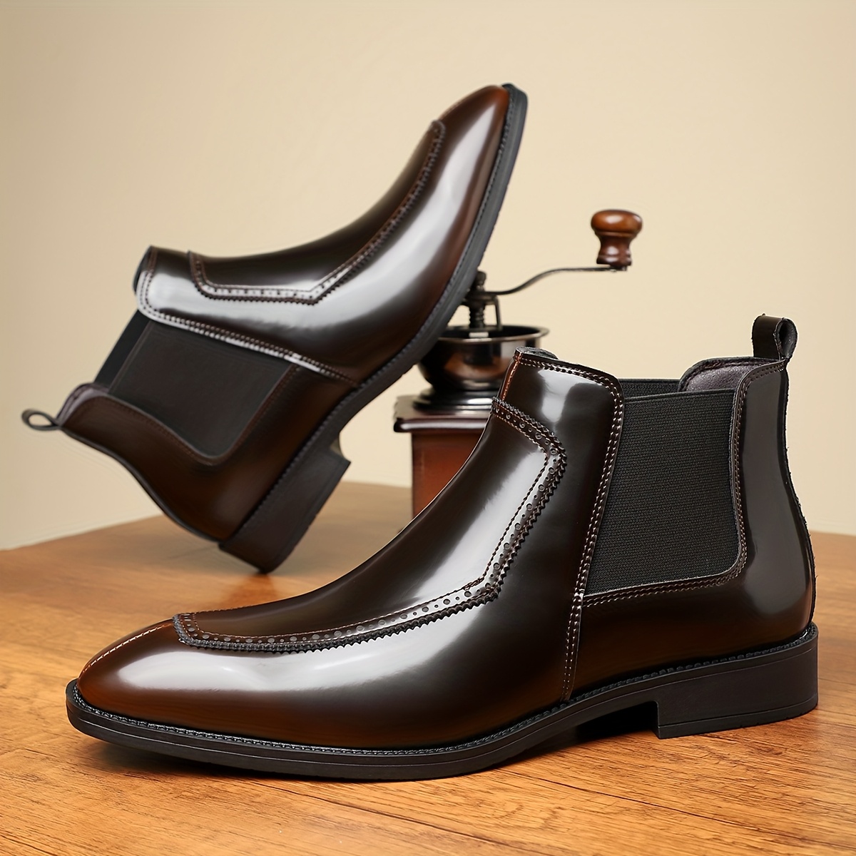 Men's Slip-On Boots - Durable Rubber Sole, Black Ankle Boots with Pointed Toe & Elastic Band, All-Season Casual Street Style Shoes