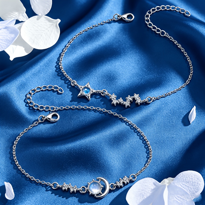 TEMU 2pcs Fashionable And Versatile Women's Bracelet - Titanium Steel Bracelet With Moon And , Inlaid With Multiple Synthetic Zircons, Suitable For