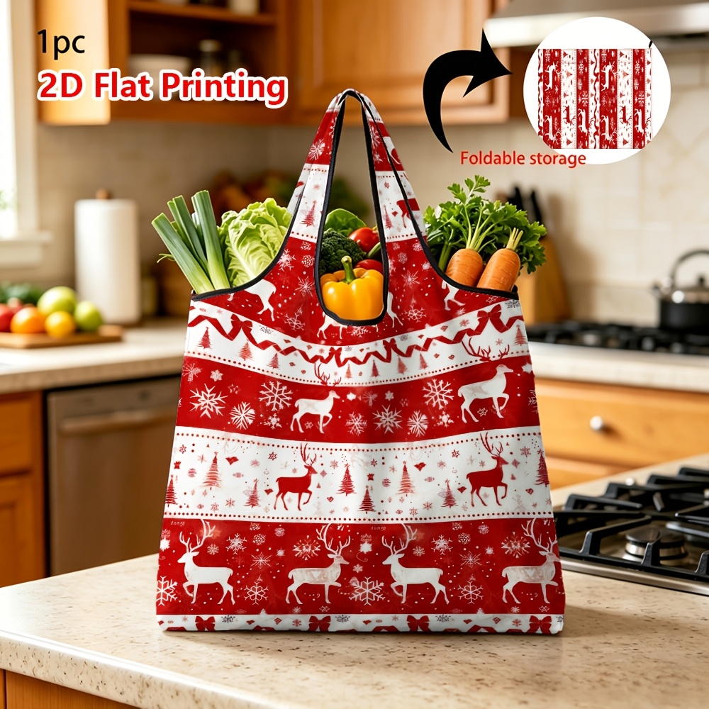 printed design not textured 1pc reusable grocery bags christmas reindeer snowflake 2d printed foldable bag for daily shopping