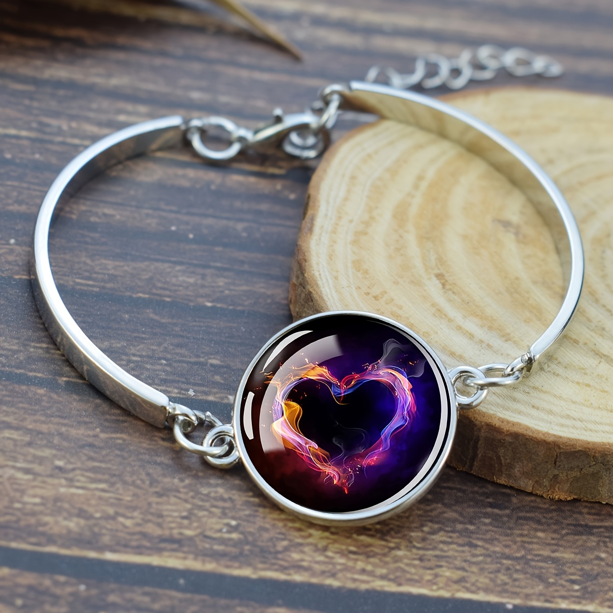 Heart Flame Design Glass Dome Charm Bracelet, Adjustable Bangle
