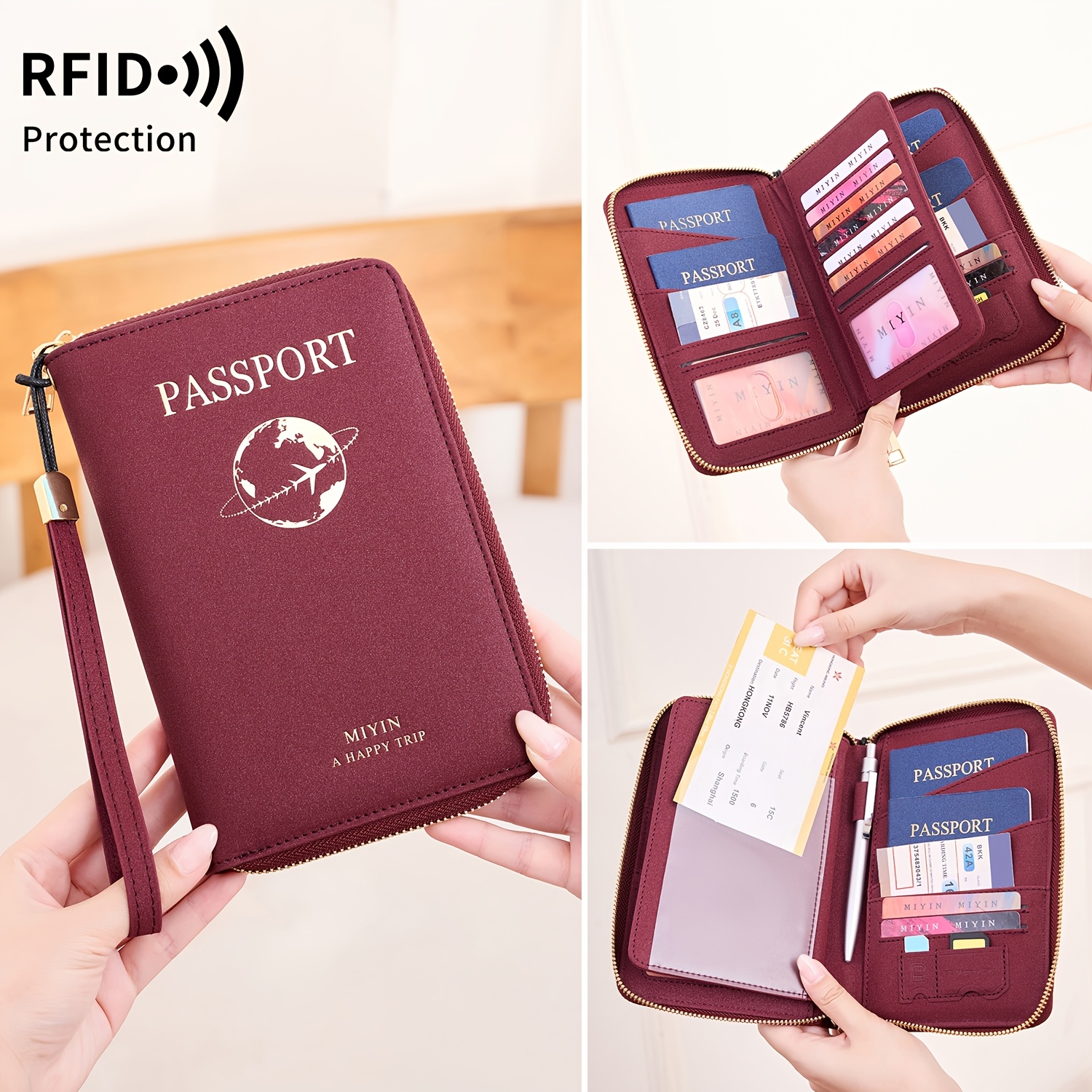 TEMU Rfid Blocking Passport Holder Wallet With Hidden Airtag Pocket, Pu Large Capacity Zipper Travel Document Organizer Ladies' Id Card Holder With