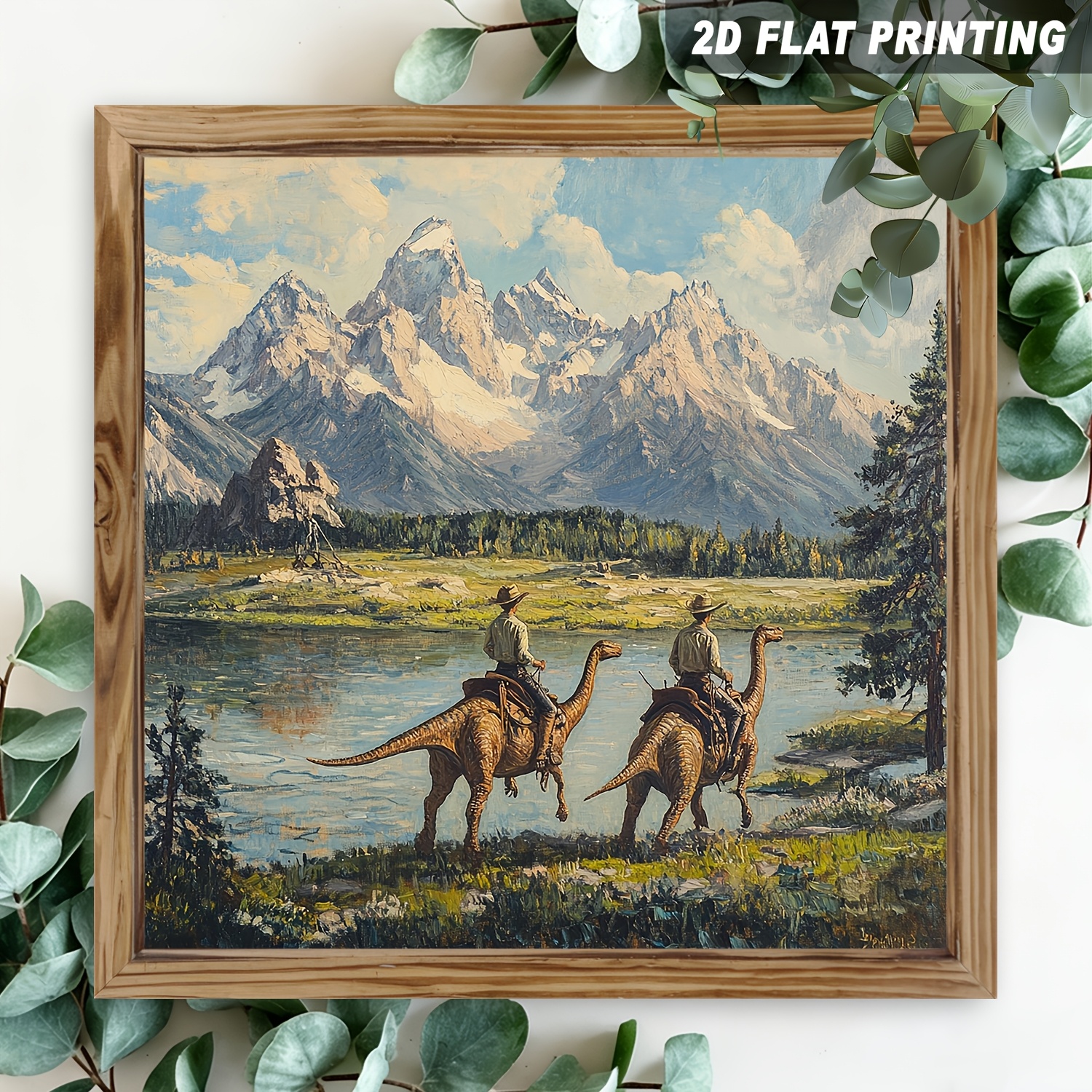 TEMU 2d Flat, 2d Flat Single-piece Wooden Frame Sign, Featuring Mountain And Dinosaur On An Adventure, Wall Hanging, Artistic Style, Suitable For