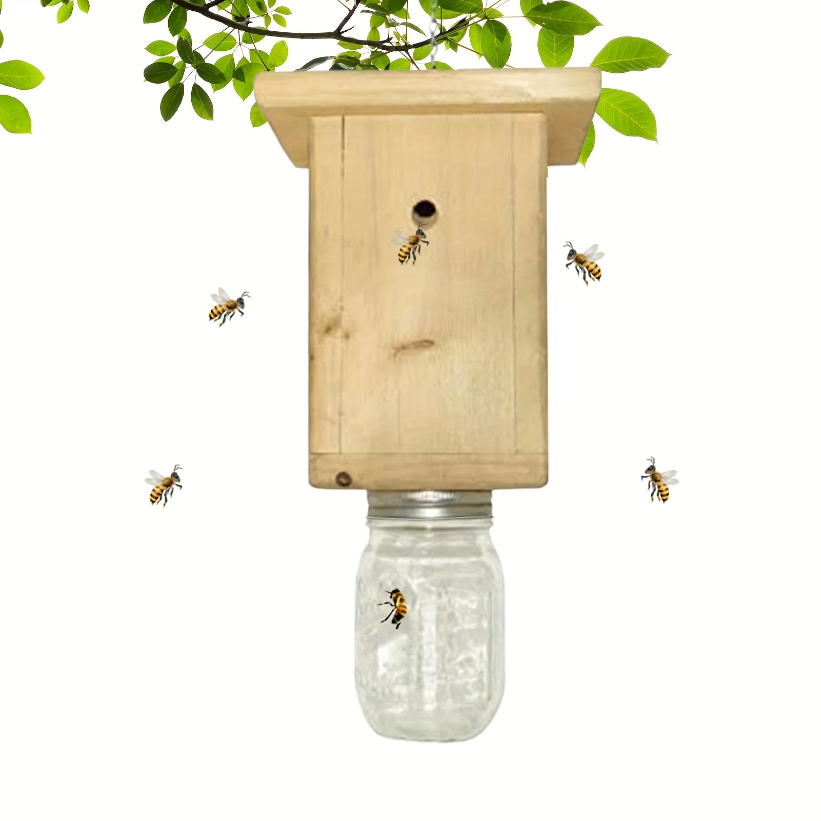 Outdoor Hanging Wooden Bee , Bee And Wasp Catcher With Feeding Jar ...