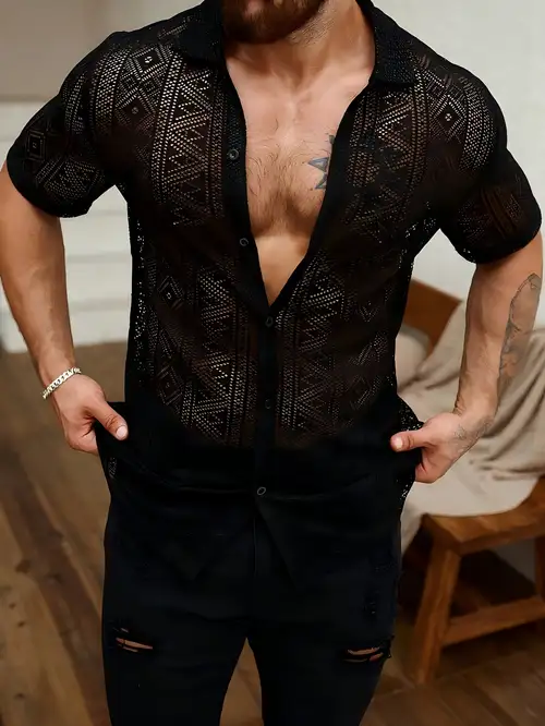 *'S Lace Shirt Short Sleeve Sheer Button-Up Summer Casual Holiday Hollow-*-Through *'S Lace Shirt Short Sleeve Sheer Button-Up Summer Casual Holiday Hollow-*-Through