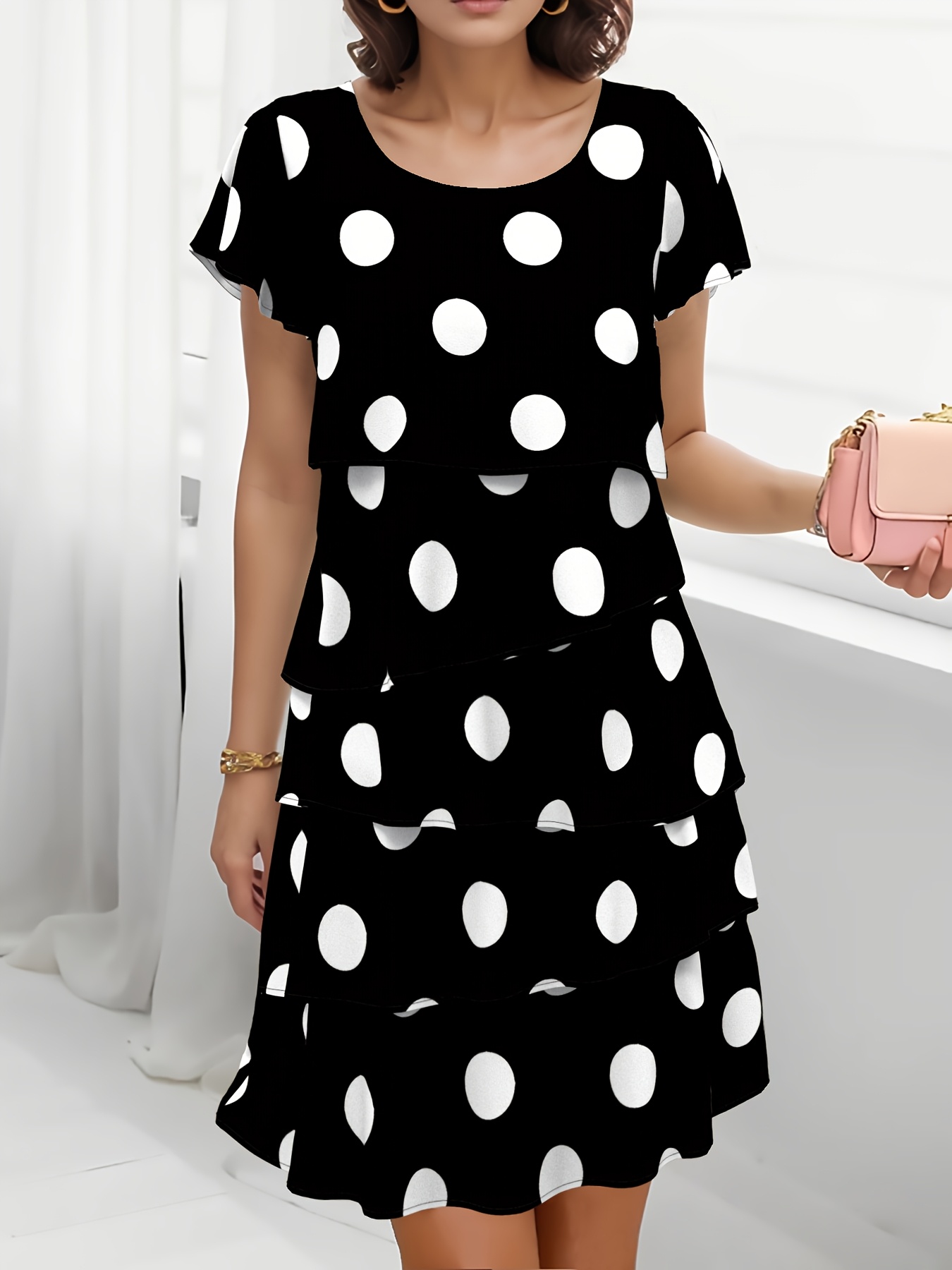 immagine dell'articolo un elegante abito da donna a più   con volant, caratterizzato da   geometrico a  , con cerniera posteriore e un design frontale a   con volant.