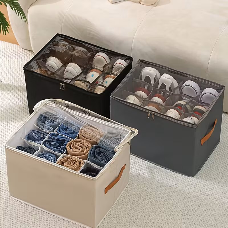 2 boîtes de rangement pour chaussures de place avec couvercle transparent – organisateur empilable et pliable pour chaussures et coussins, design en tissu beige avec poignées, idéal pour lorganisation de placard ou darmoire, organisateur de rangement pour chaussures Détails du produit 0