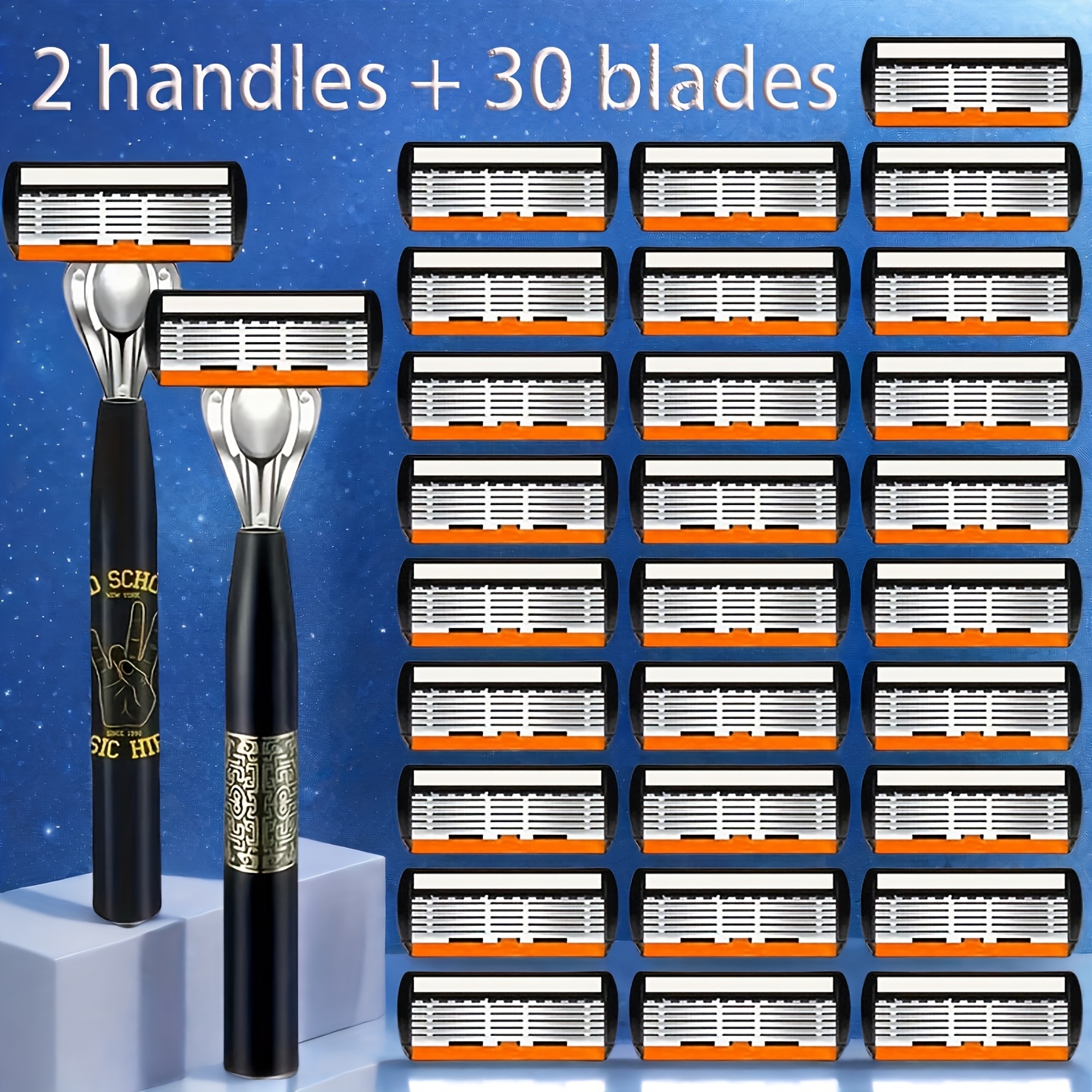 Image of 2 Handles + 30 Replacement 6-layer Blade Manual Razor Men' Steel Safety Razor Non-slip Handle Trim Beard Hair Removal Knife