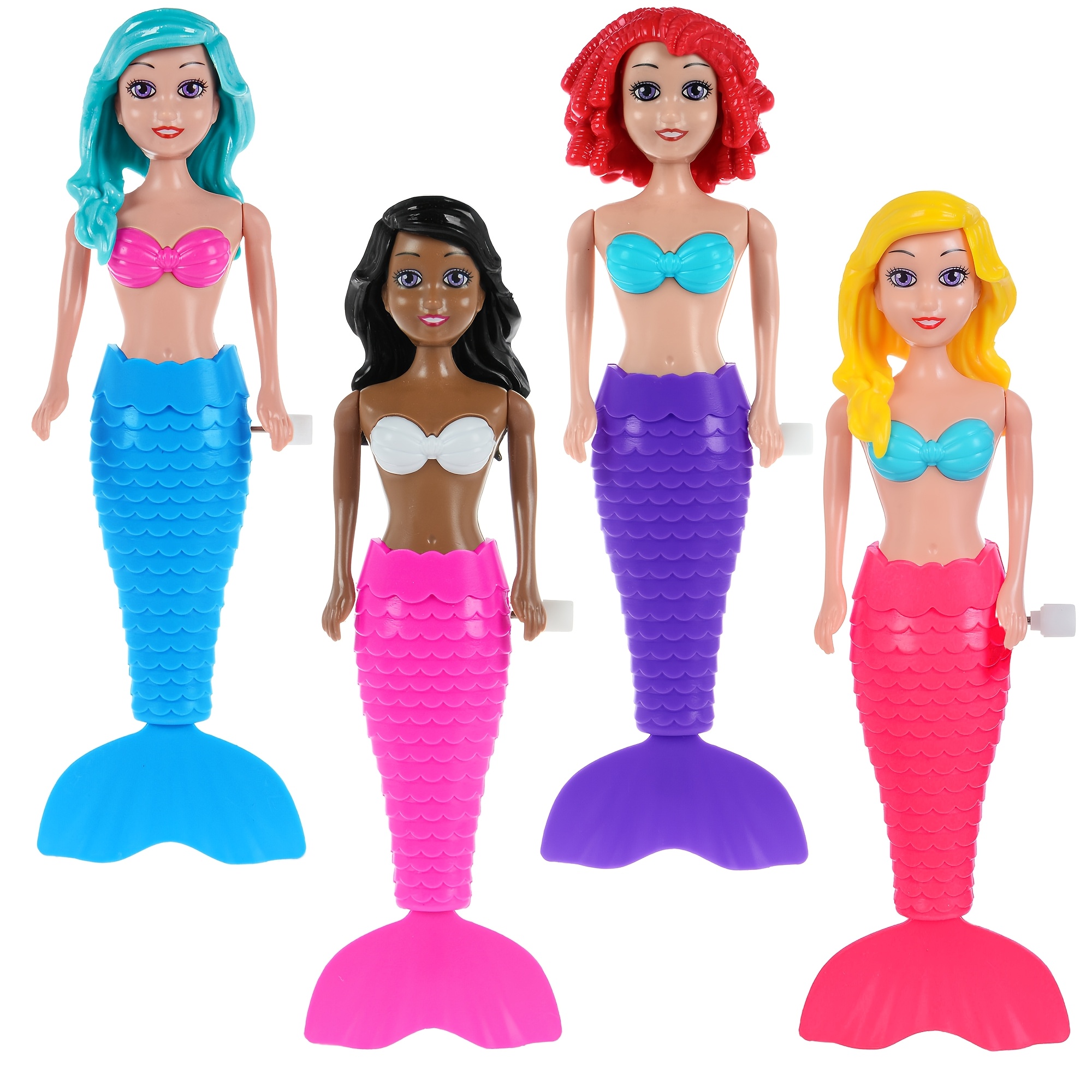 TEMU 4-pack Mermaid Bath Toys For Kids - Moving Tail Princess Doll With Diverse Hair Colors And Styles, Swimming Pool Party Favors 3+