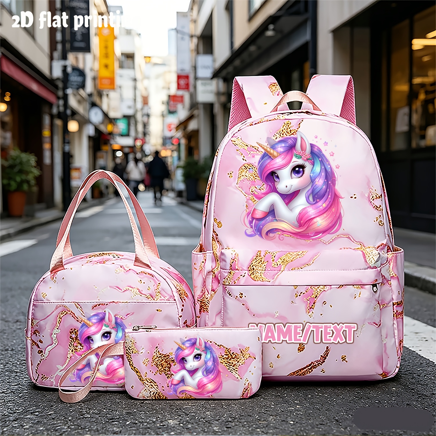 TEMU Ensemble Sac à Dos Personnalisé Licorne avec Nom - Sac à Dos à Imprimé Dessin , Sac à Déjeuner S', Trousse, Cadeau de Rentrée Scolaire, Cadeau