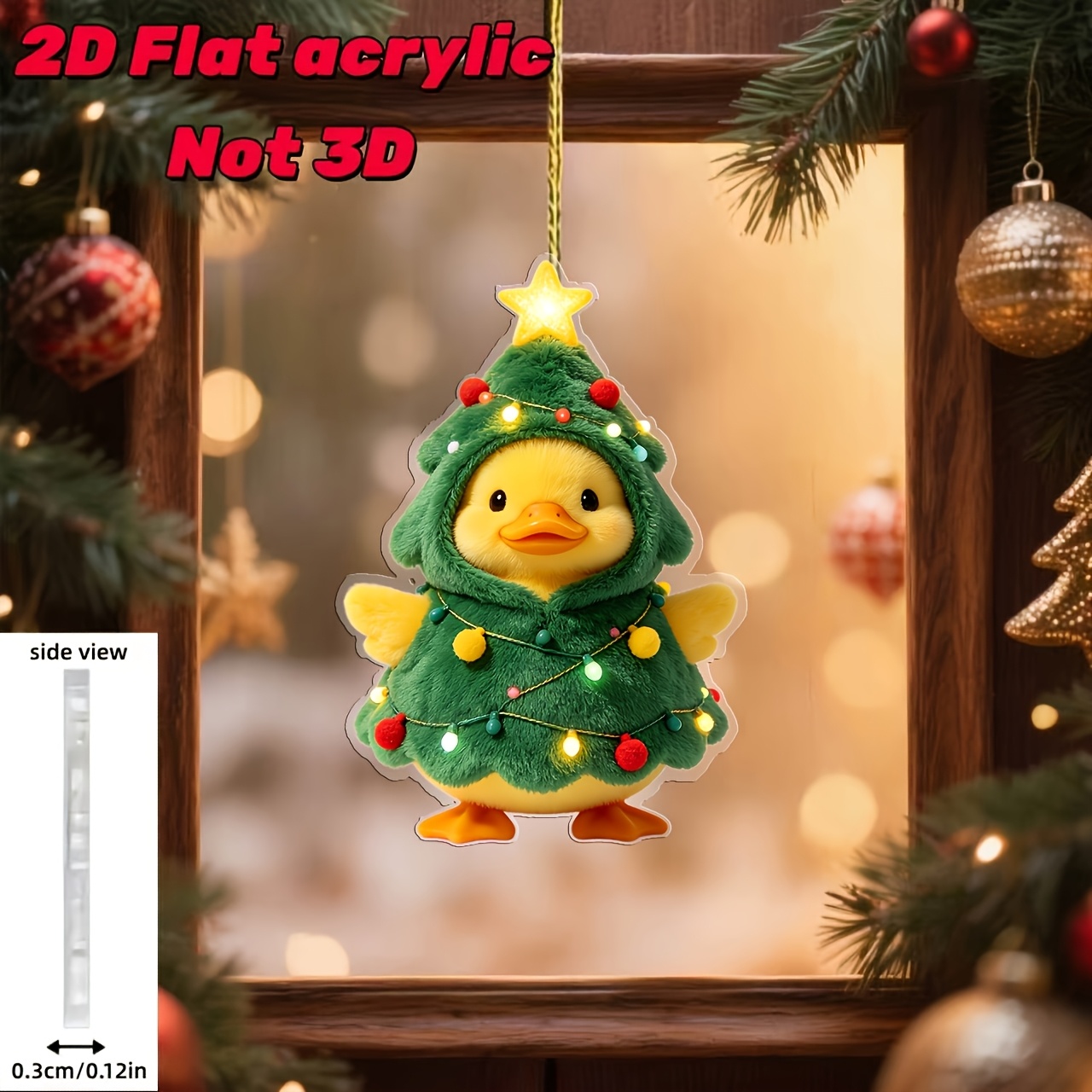 TEMU Plat 2D, 1 pièce Ornement de Noël en acrylique petit caneton jaune, représentant un petit caneton jaune portant un ruban décoratif de Noël et