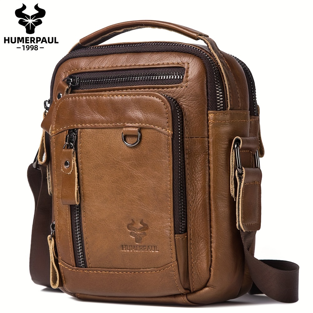 TEMU 1pc Men's Genuine Leather Crossbody Bag, Multi-functional Trendy Shoulder Backpack