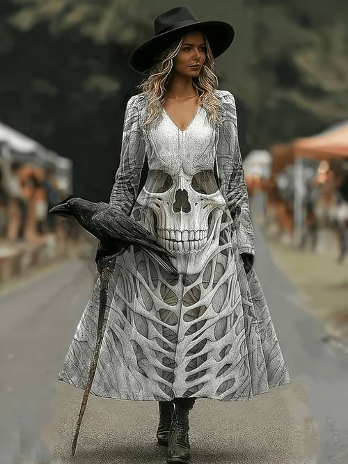 women gothic a line midi dress with long sleeves retro skeleton skull print dress suitable for halloween party costume cosplay outfit themed events machine washable non dress