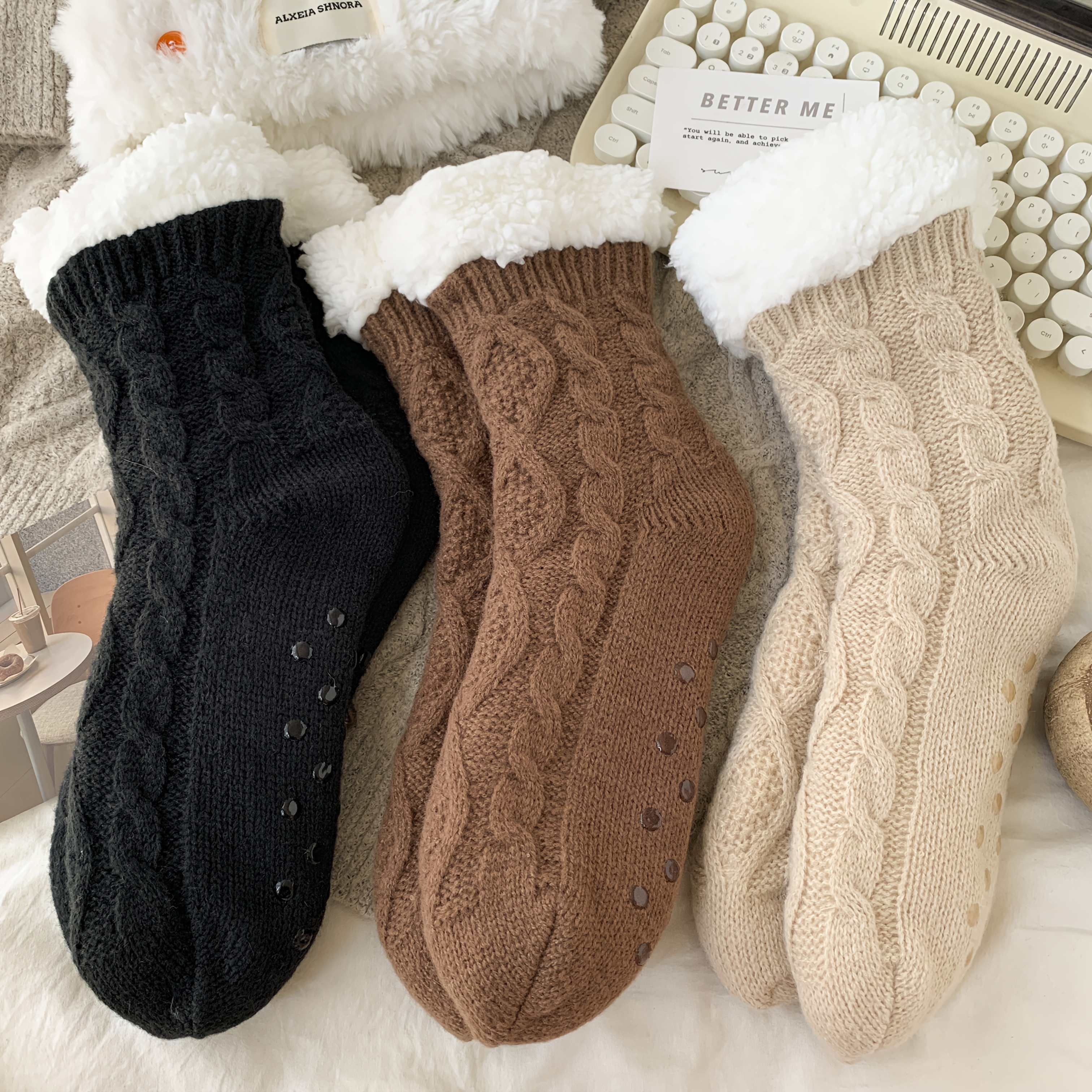 TEMU 3 Pairs Braided Ultra-thick Plush Socks, Winter Thickened Floor Socks, Outdoor Cold-resistant Super Thick Women's Socks