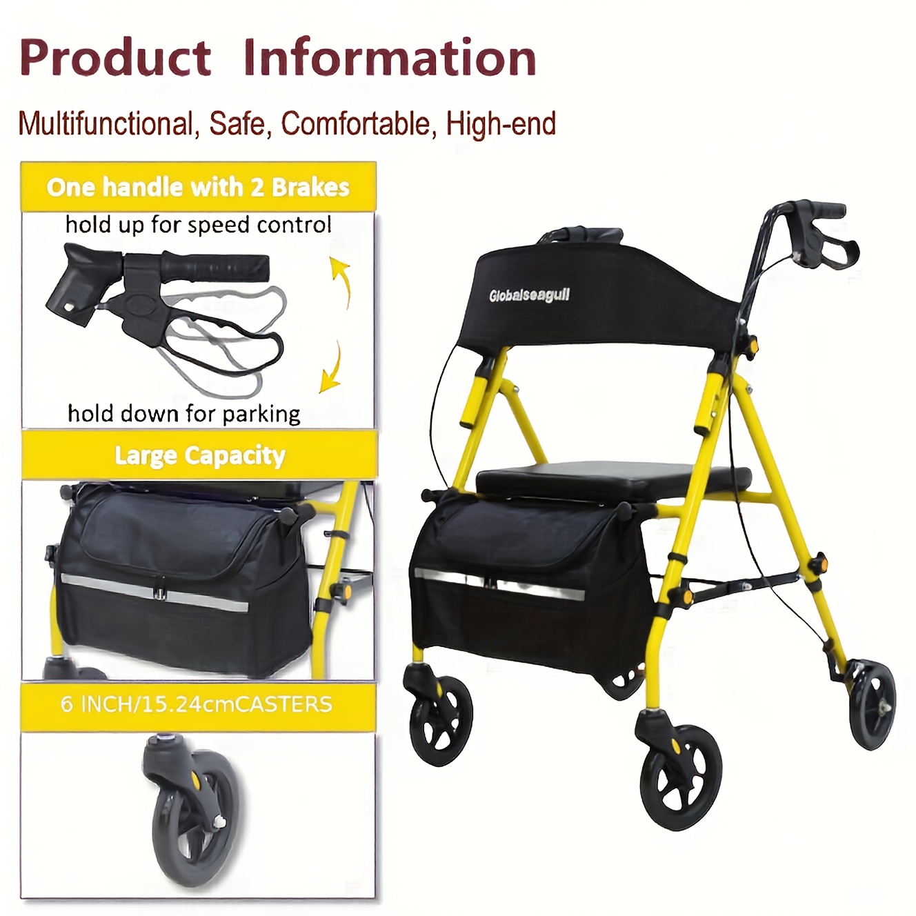 Rollator Walker for Seniors And Adults with Seat, 6-inch Wheels, Capable Of Supporting 158.76 KG, Medical Rolling Walker