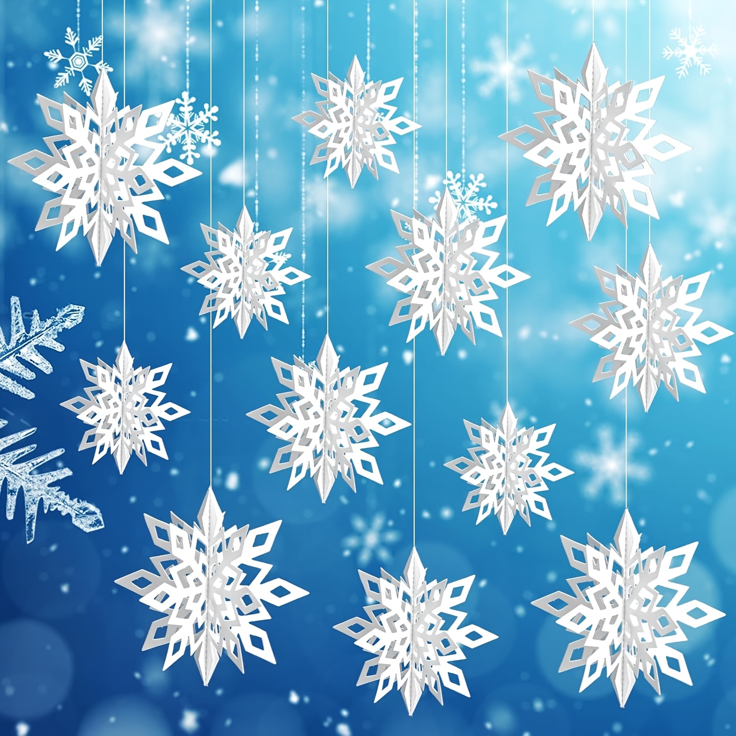 Image of Set Of 12 Winter-themed Decorations Featuring 3d Paper Snowflakes And Garlands, Perfect For Christmas And Birthday Celebrations