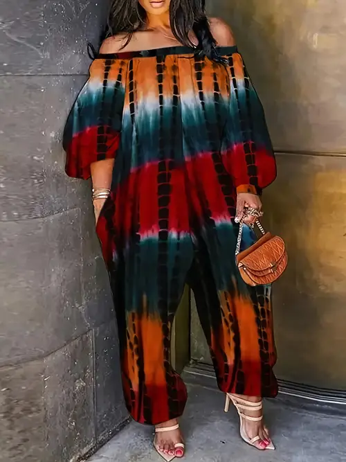 chic off shoulder multi color striped jumpsuit for women vibrant red orange black gradient design wide leg pants polyester fabric machine washable fall winter ladies jumpsuit