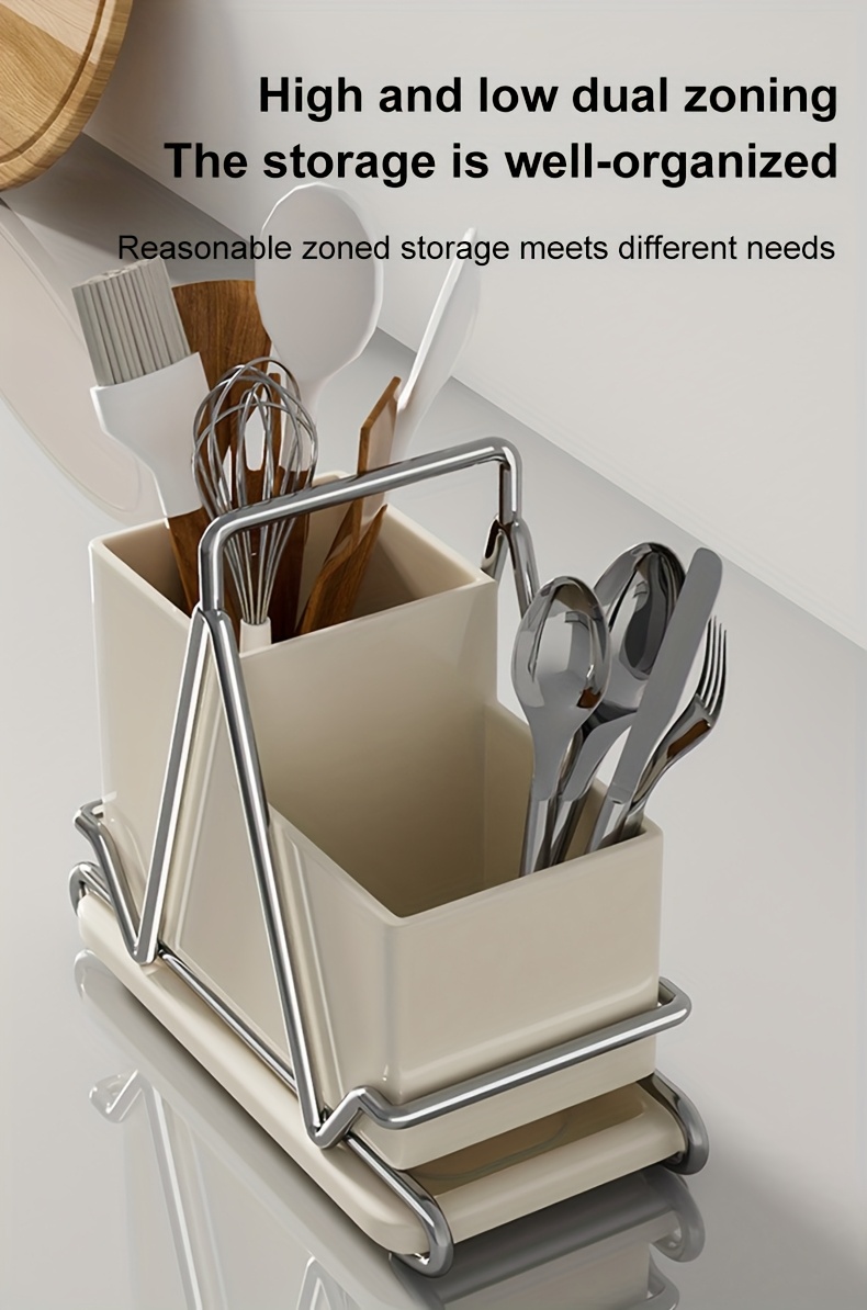 1pc cream white stainless steel utensil holder with   multifunctional kitchen countertop organizer for cooking utensils knives spoons and forks dining room accessory triangular design metal utensil holder kitchen utensils Product details 6