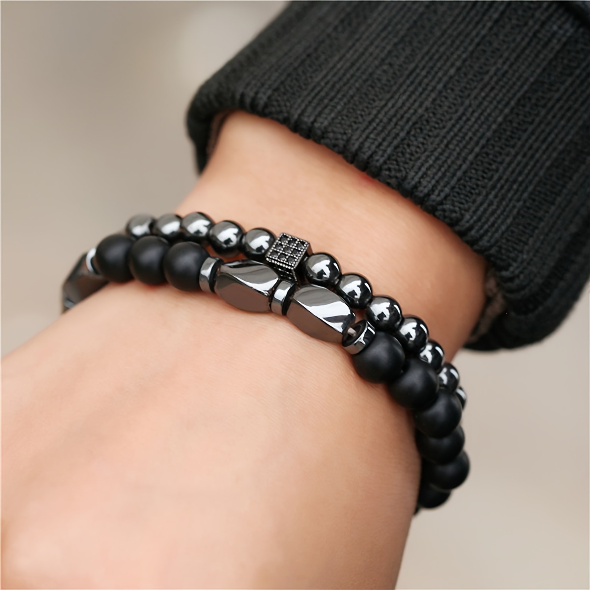 Men's Agate Beaded Bracelet Set with Zirconia Stones