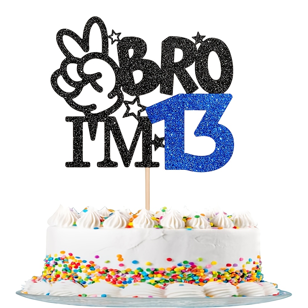 Image of 1pc Glitter "bro I'" Cake Topper | Rabbit Hand Gesture 13th Birthday Cake Decor For Brother, 13 Year Old Boy Birthday Party Supplies, Halloween, Christmas