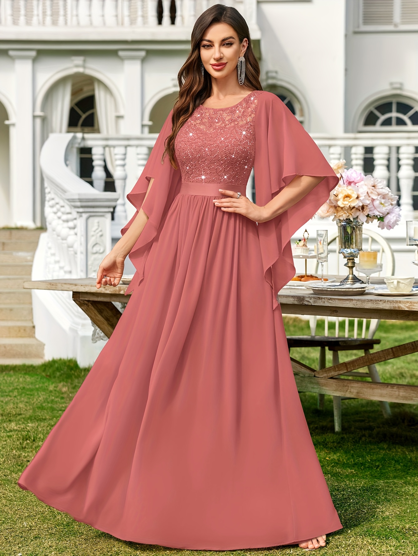 Women's Elegant Maxi Dress Formal Party Wedding Gala Gown with Cape Cloak  Sleeves, Flowy Ruffle Hem, Beige/ Pastel colors, Hand Washable for