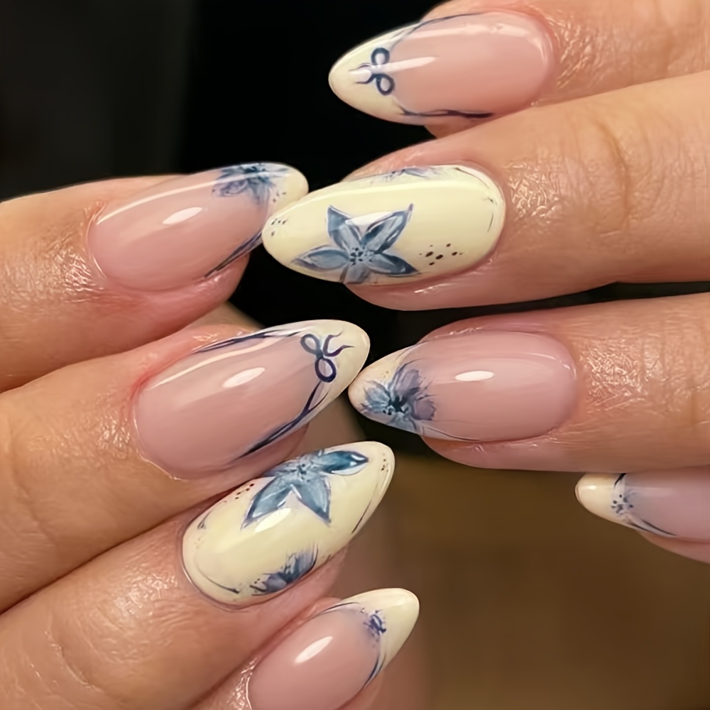 TEMU 24pcs Long Almond Press-on Nails Suitable For - Shear Nude Pink & Milky With Ink-blue Floral French Tips, Glossy Almond Shaping False Nails For
