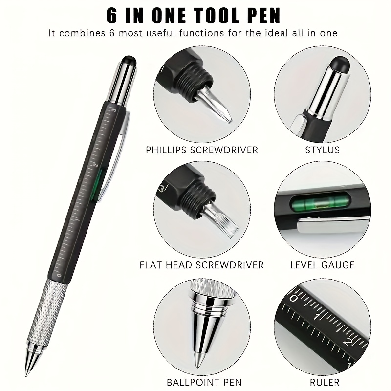 1 2 pcs multi functional tool pen creative 6 in 1 screwdriver level scale pen   head ballpoint pen details 3