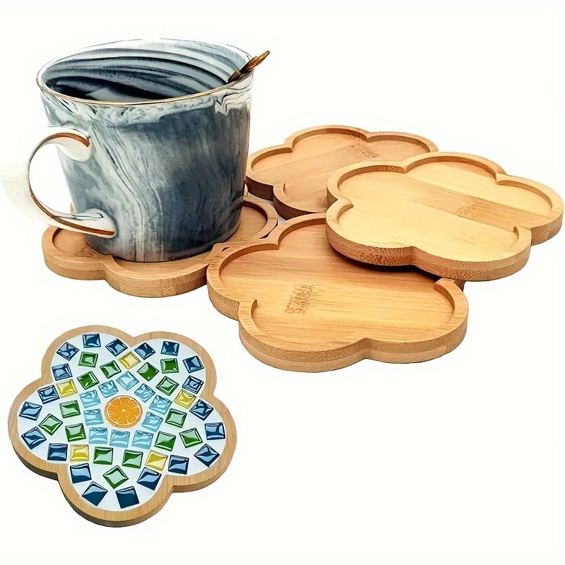 

4pcs Bamboo Coasters For Mosaic Tile Crafts, Blank Base Trays For Drink Cups, Plant Pads, Artistic Platters, Diy Mosaic Supplies - Floral Shape