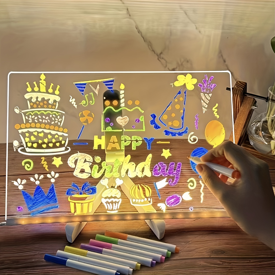 1pc usb-powered led light-up drawing board with stand - birthday party decorations, message board, drawing board, usb-powered led lighting for home, office, classroom, birthday party decor - no batteries needed, portable desk organizer gift for artists & students, office desk accessory,   design, button control operation, light up cake topper, lamp for bedroom, night light Product details 1