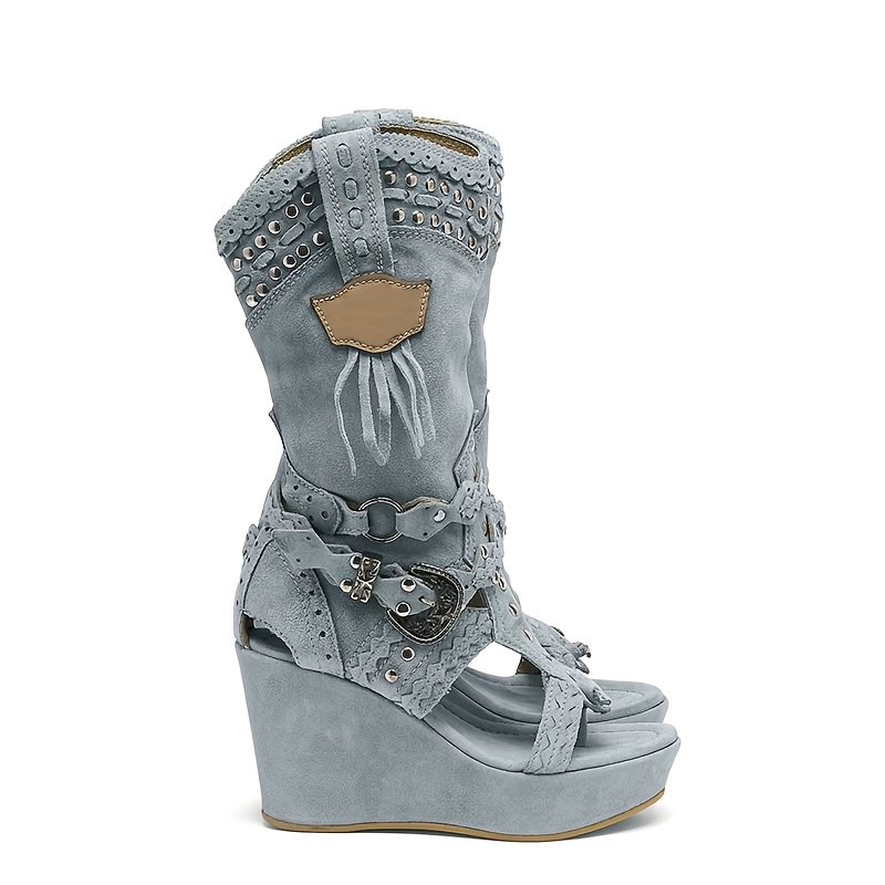 Women'S Boho Grey Studded Fringe Wedge Heel Boots, Open Toe Platform Knee High Western Cowgirl Sandals, Vintage Festival Party Shoes, Women Shoes