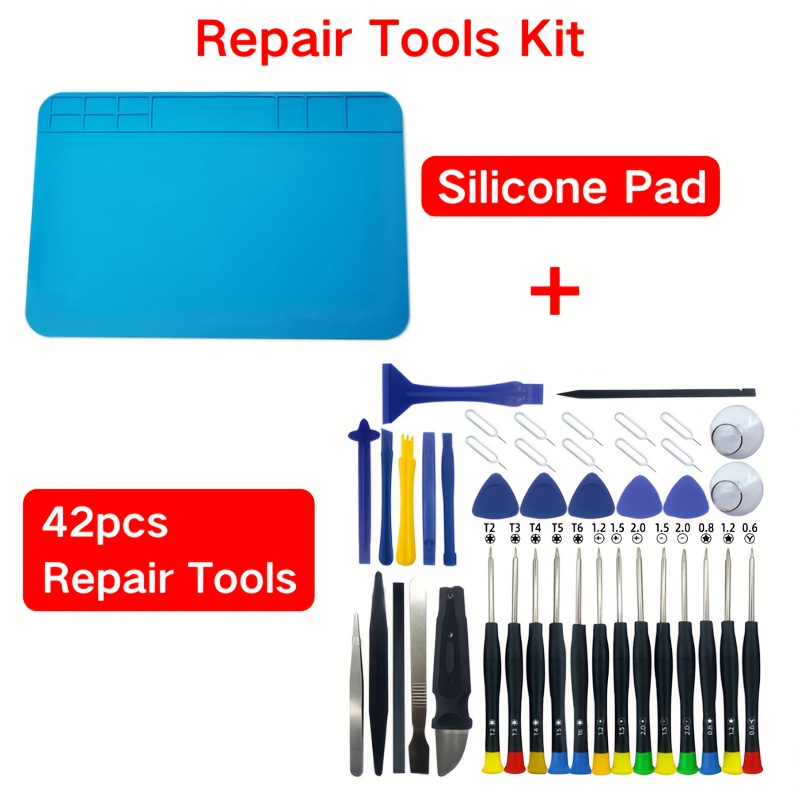 E-shop Professionelles Handy Reparatur Werkzeugset inklusive einer hitzebeständigen Silikon Reparaturmatte und einem Set aus 42 multifunktionalen