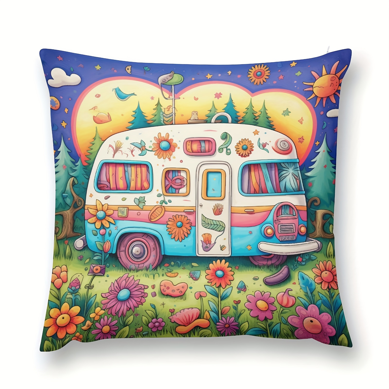 

1pc Outdoor Pillows For Patio Furniture Cute And Colorful Happy Camper Cushion Case Camper Trailer Campfire Decorative Pillowcase Square Cushion Cover Sofa Couch Bedroom Living Room Washable 18x18 In