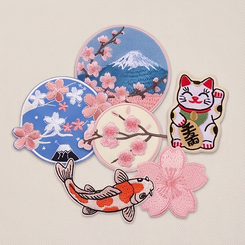 TEMU Lot de 6 pièces de patchs en tissu carpes koï japonaises pour décoration de journal DIY et de vêtements. rond du et des présente une , roses et